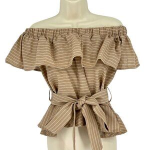 Chloah‎ Off The Shoulder Top Brown White Striped Peplum Belted Linen Look Size S